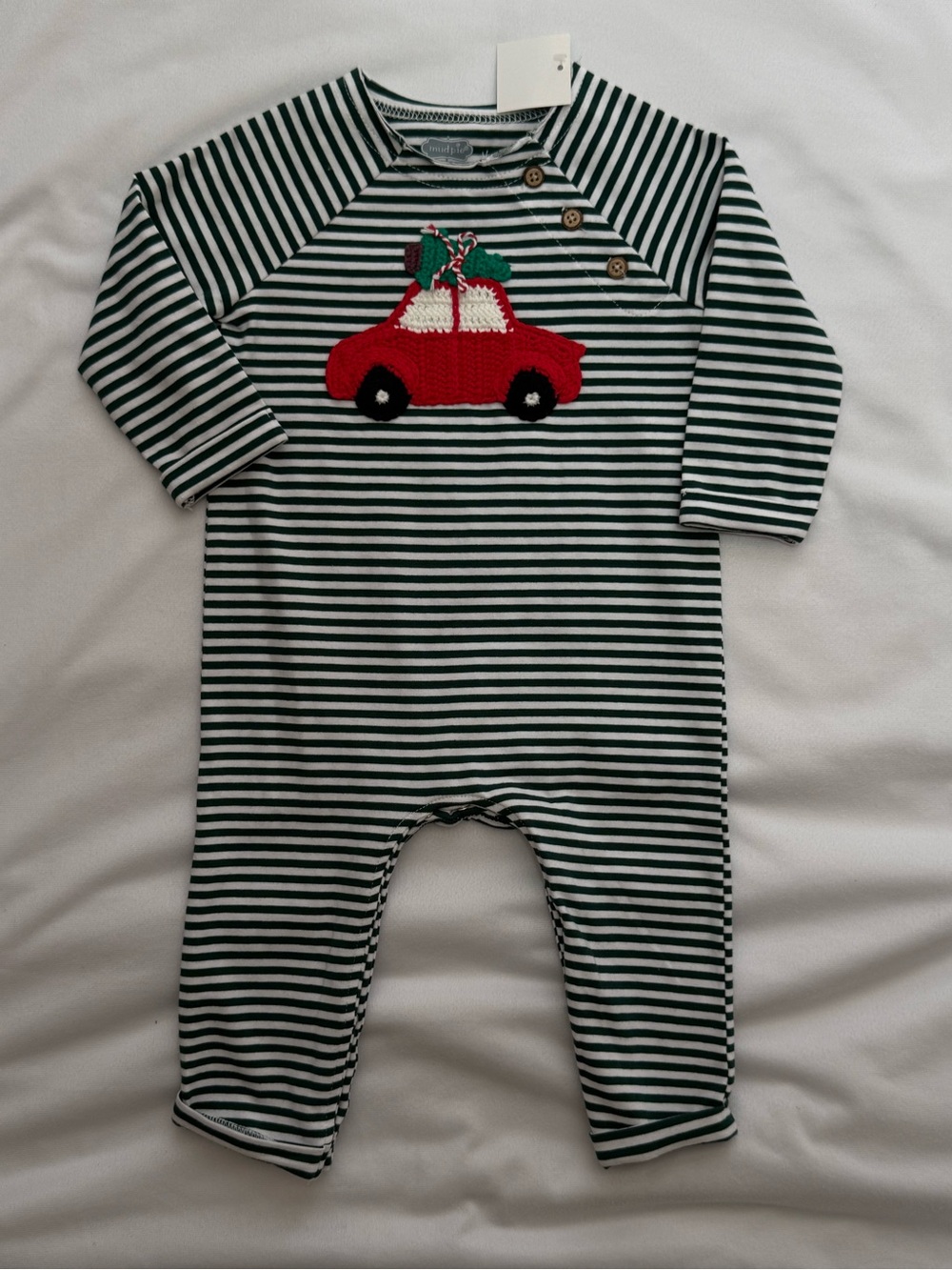 Mud Pie Green & White Striped One-Piece with Red Car Applique NWT